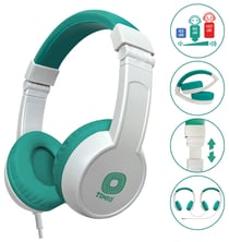 Timio: CASQUE AUDIO pour enfants 14,2x15,8x17,5cm, vert/blanc, max. 85db,  pliable, boîte 6,6x10,2x12,8cm, 3+