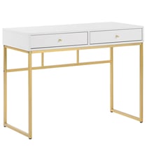 Table Console Blanche à 2 Tiroirs 100 x 48 cm Base en Métal Doré Bureau à Domicile Glamour