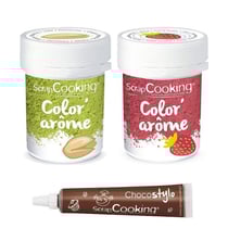 2 colorants alimentaires arômes fraise et pistache + Stylo chocolat