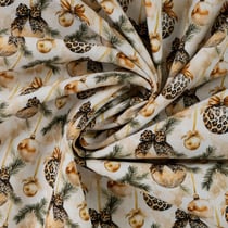 Tissu Popeline de Coton digital imprimé boules de Noël Or sur fond Blanc cassé