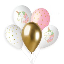 5 Ballons Licorne Rose/Blanc/Or Ø33cm
