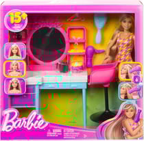 Coffret barbie salon de coiffure et poupée mannequin + 16 accessoires - mattel - hkv00