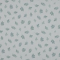 Tissu Double gaze de Coton feuilles Foliette vertes sur fond Blanc - Au mètre