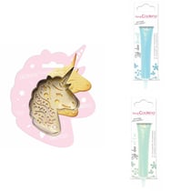 Kit pour biscuit en relief Licorne + 2 Stylos au chocolat bleu pastel et vert d'eau