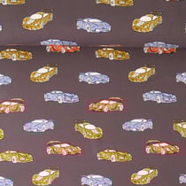 Tissu Sweat léger French Terry Romain voitures Bleus, Jaunes et Rouges sur fond Noir