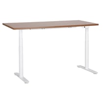 Bureau Électrique Réglable Plateau Bois Foncé et Structure Acier Blanc 160 x 72 cm Hauteur Ajustable Assis-Debout Pieds Ronds Design Moderne