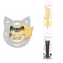 Kit pour biscuit en relief Chat + 2 Stylos au chocolat jaune pastel et noir