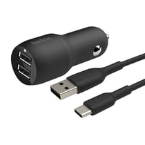 Chargeur voiture 2 Ports USB 24W et Câble USB-C 1 mètre Compact Belkin Noir