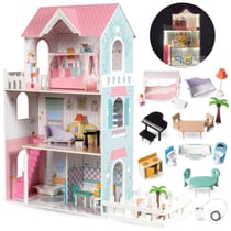 Grande Maison de Poupées Enfants en Bois, Éclairage LED, 3 Étages, Terrasse, Jardin & Accessoires
