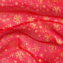 Tissu Jute imprimé Christmas flocons Dorés sur fond Rouge