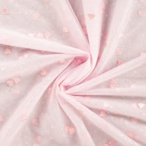 Tissu Tulle souple Célestine cœur Rose brodés sur fond Rose bébé