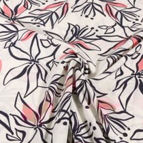 Tissu Stretch imprimé Motifs floraux noir et rose sur fond Blanc