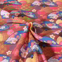 Tissu Coton imprimé Kyoto Festif Fleuris sur fond Bordeaux