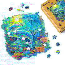 Puzzle en Bois Adulte et Enfant Figured'Art 200 pièces Animaux - Dauphins et Récif corallien - Design Original 28x28,5 cm Forme Unique avec Coffret en bois Premium, Parfait pour Offrir en Cadeau
