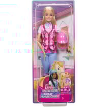 Coffret barbie cavalière poupée barbie blonde + accessoires - collection centre équestre - poupée mannequin - mattel - hxj38