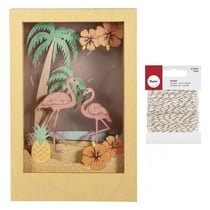 Cadre 3D en bois Flamant 20 x 30 x 6,7 cm + Ficelle dorée & blanche