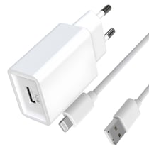 Jaym Pack Chargeur Secteur USB-A 2.4A avec Câble USB-A vers Lightning 1.5m Blanc