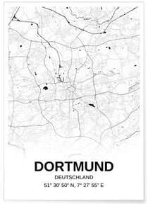 Affiche carte Dortmund - rectangle Noir et Blanc | A3 : 29,7x42cm