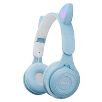 Casque Audio Pliable LED Chat Blanc Bluetooth 5.0 Son Stéréo Multimode Bleu YONIS