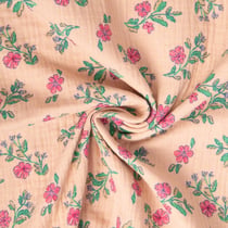 Tissu Double gaze de Coton Lina fleuris vert et rose sur fond Beige