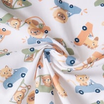 Tissu Coton imprimé Arty Animaux en voiture sur fond Blanc