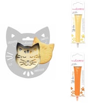 Kit pour biscuit en relief Chat + 2 Stylos au chocolat jaune pastel et orange