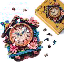 Puzzle en Bois Adulte et Enfant Figured'Art 200 pièces - Horloge coucou florale - Design Original 24,7x28,5 cm Forme Unique avec Coffret en bois Premium, Parfait pour Offrir en Cadeau