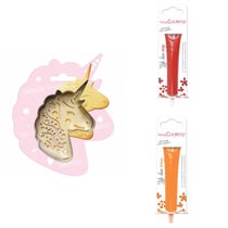 Kit pour biscuit en relief Licorne + 2 Stylos au chocolat rouge et orange