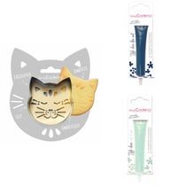 Kit pour biscuit en relief Chat + 2 Stylos au chocolat bleu nuit et vert d'eau