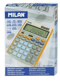 Boîte calculatrice grise et orange 12 chiffres, convertisseur de devises
