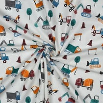 Tissu Popeline de Coton digital Tom engins de chantier sur fond Blanc
