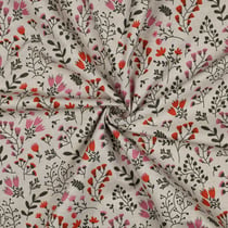 Tissu Toile Polycoton canvas enduit aspect lin petites fleurs Rose sur fond Naturel
