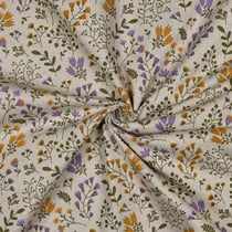 Tissu Toile Polycoton canvas enduit aspect lin petites fleurs Ocre sur fond Naturel