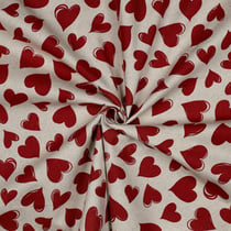 Tissu Toile Polycoton canvas enduit aspect lin Coeurs Rouge sur fond Naturel