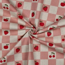 Tissu Toile Polycoton canvas enduit aspect lin Bella carreaux Rose sur fond Naturel