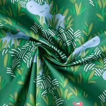 Tissu Coton imprimé Hippon Motifs enfants hippopotame nature sur fond Vert foncé - Par Coupon de 3m