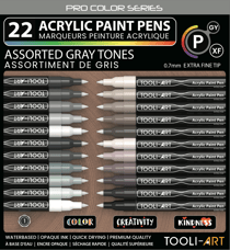 Lot de 22 marqueurs à peinture acrylique Tooli-Art - Pointe extra-fine 07 mm - Gris