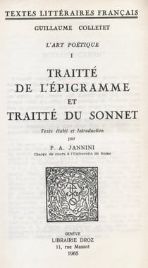 L'Art poétique - Tome premier, Traitté de l'épigramme et Traitté du sonnet