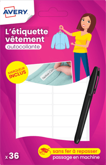 36 étiquettes blanches vêtements autocollantes - 45 x 13 mm - avec marqueur inclus - Avery
