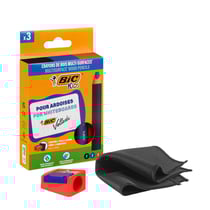 Lot de 3 crayons de bois multi-surfaces + taille-crayons + chiffon - BIC Kids - Noir, rouge, bleu