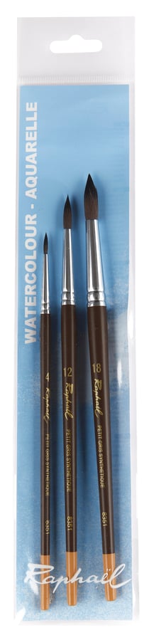 Lot de 3 pinceaux Raphaël - aquarelle - poils synthétiques - n°4/12/18