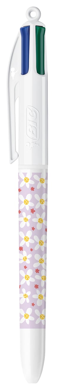 Stylo bille BIC - Fleurs violettes - 4 couleurs - Pointe moyenne