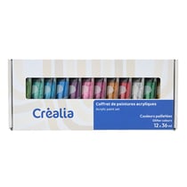 Coffret de peintures acryliques - Couleurs pailletées - 12 x 36 ml - Créalia