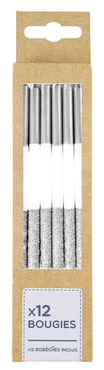 Lot de 12 bougies longues Kim'Play - Argent