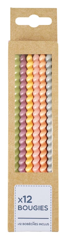 Lot de 12 bougies torsadées Kim'Play - Pastel