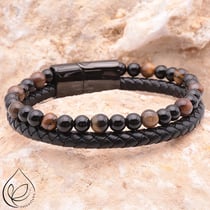 Bracelet Aska - Onyx, oeil de tigre et cuir noir - Camille Ambiance Nature