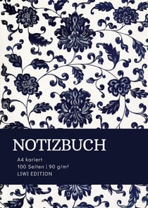 Notizbuch A4 kariert - 100 Seiten Soft Cover floral blau - FSC Papier : Notebook A4 Karo - 90g/m² kariertes Papier