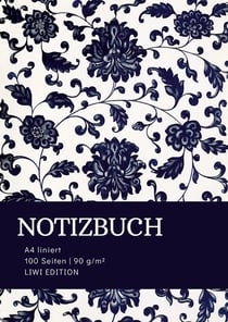 Notizbuch A4 liniert - 100 Seiten Soft Cover - floral blau - FSC Papier : Notebook A4 Linien - 90g/m² kariertes Papier