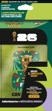Boite métal - Coupe du monde de la FIFA 26™ jeu de cartes à collectionner 8 pochettes + 1 Golden Baller + 3 cartes en édition limitée - Modèle Aléatoire