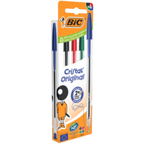 Lot de 4 stylos bille BIC - Cristal - Bleu, rouge, vert noir - Pointe moyenne